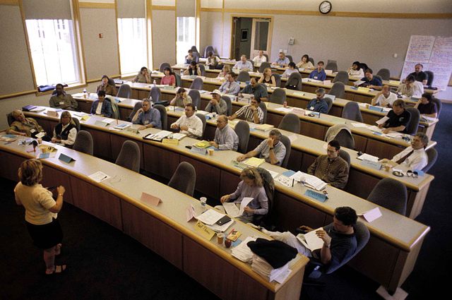 classroom with lecturer and students